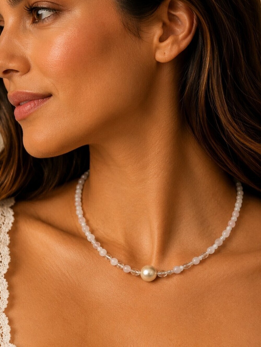 HANDMADE Strawberry Quartz Glass Pearl Beaded Bridal Collar Necklace